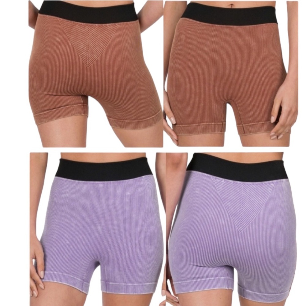 2 Pack Zenana  Seamless Shorts Ribbed Stretch Rust Purple L XL